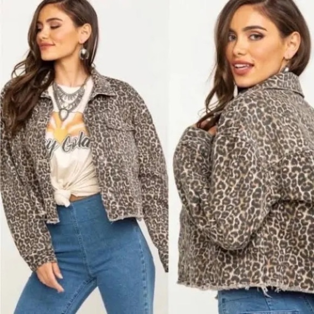 Free People cropped denim leopard jacket M L XL
